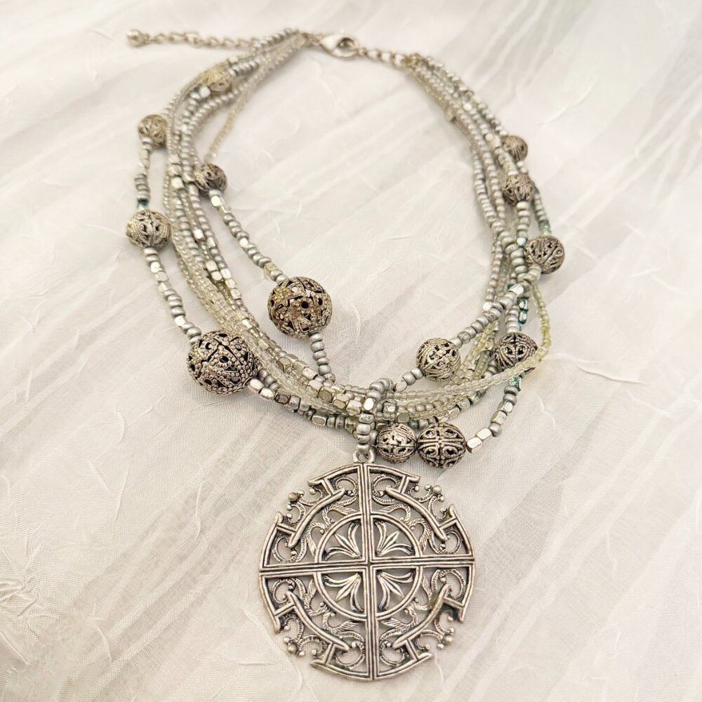 Vintage Inspired Silver Filigree Statement Necklace Multi-Strand Boho Medallion - Picture 2 of 8